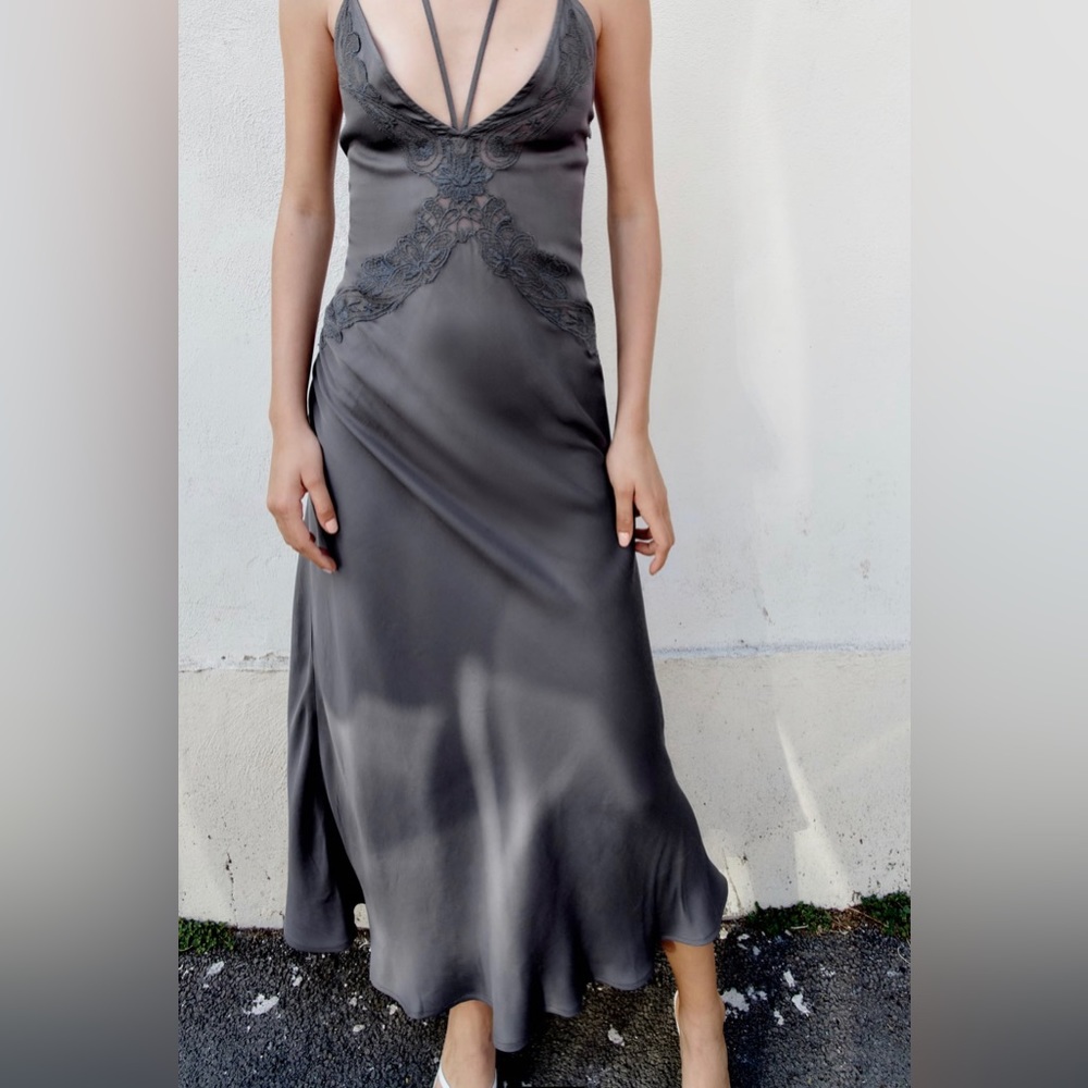Embroidered slip dress charcoal